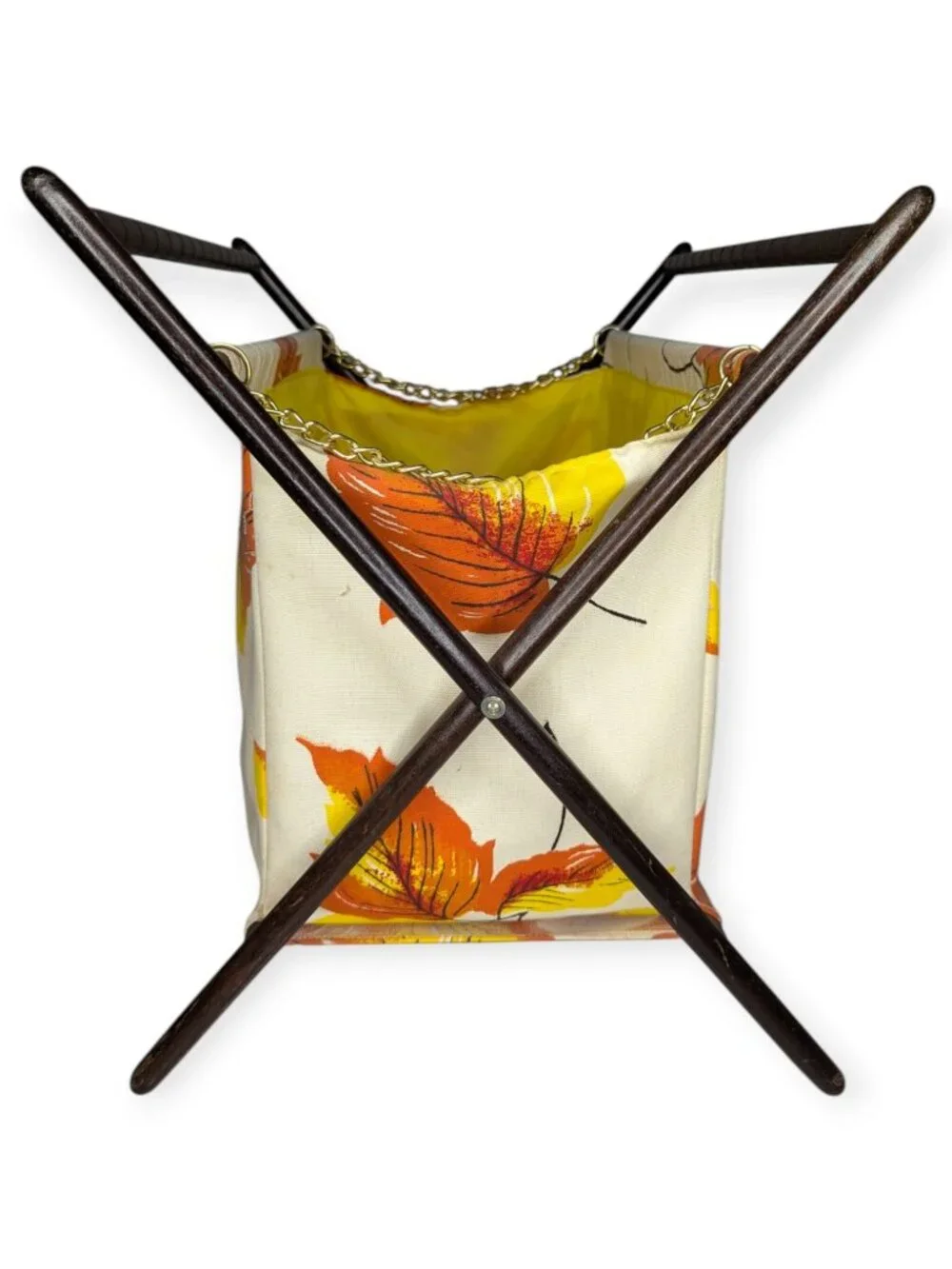 Mid-Century Leaf Print Fabric Knitting Basket Fall Autumn Wood Freestanding